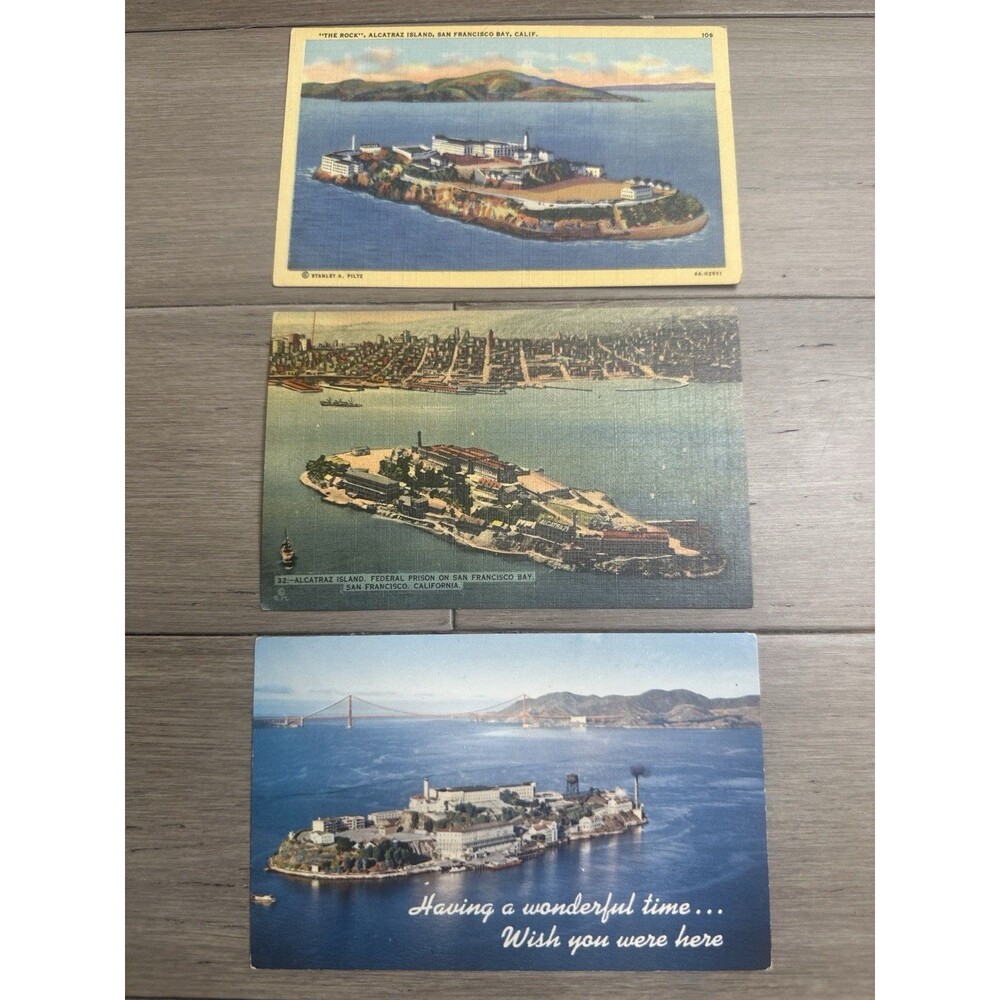 Vintage Alcatraz Postcards Lot of 3 Linen Era + Chrome Federal Prison San Fran